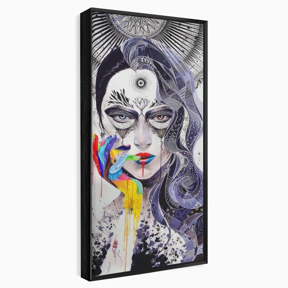 Tablou canvas cu tablou canvas cu portret abstract feminin, in rama de aluminiu negru